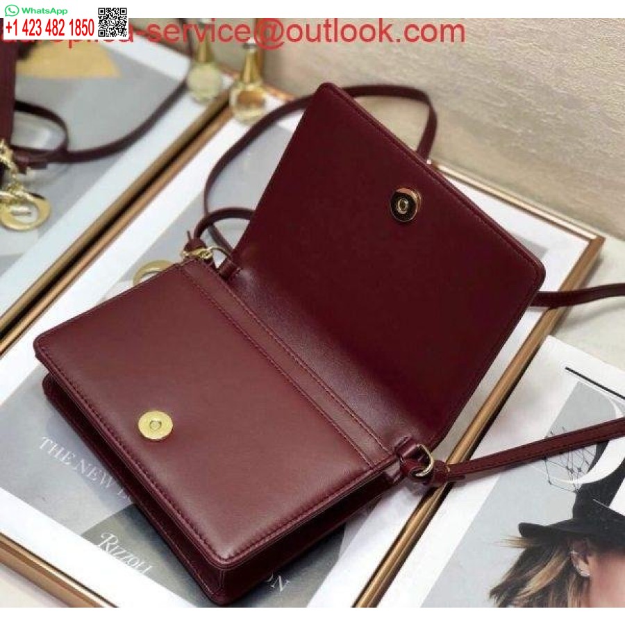 نسخة طبق الأصل من Dior S0855 Dior Lady Dior Pouch جلد العجل Cannage باللون الأحمر الخمري