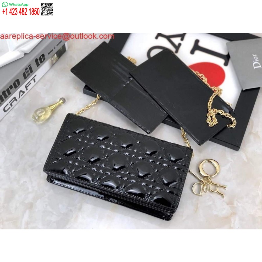 Replika Dior S0204 Lady Dior Púzdro Patent Cannage Teľacia Koža čierna