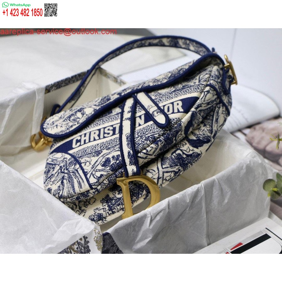 Replica Dior Salveske M0446 Blå Toile De Jouy Broderi