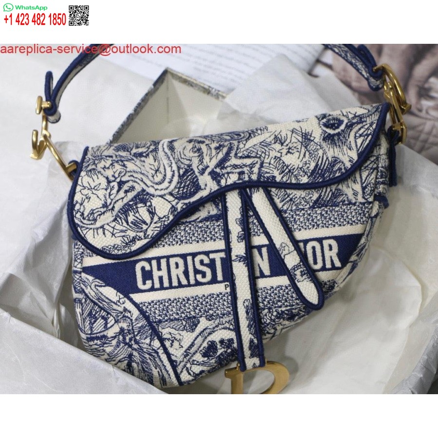 Borsa Da Sella Replica Dior M0446 Ricamo Toile De Jouy Blu