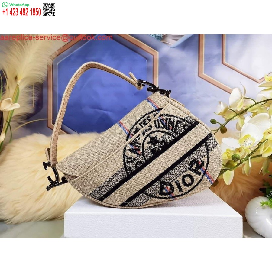 העתק תיק אוכף Dior בז' יוטה בד רקום M0446