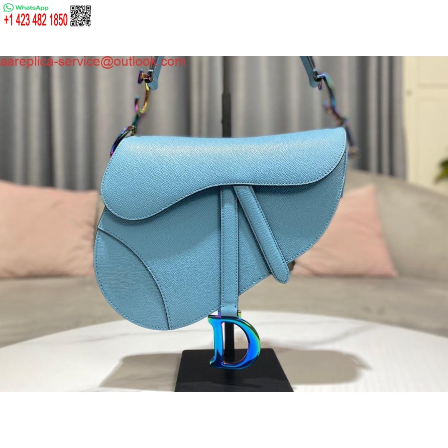 Replika Dior M0446 Dior Sadeltaske Lyseblå Kornet Kalveskind Blå Logo