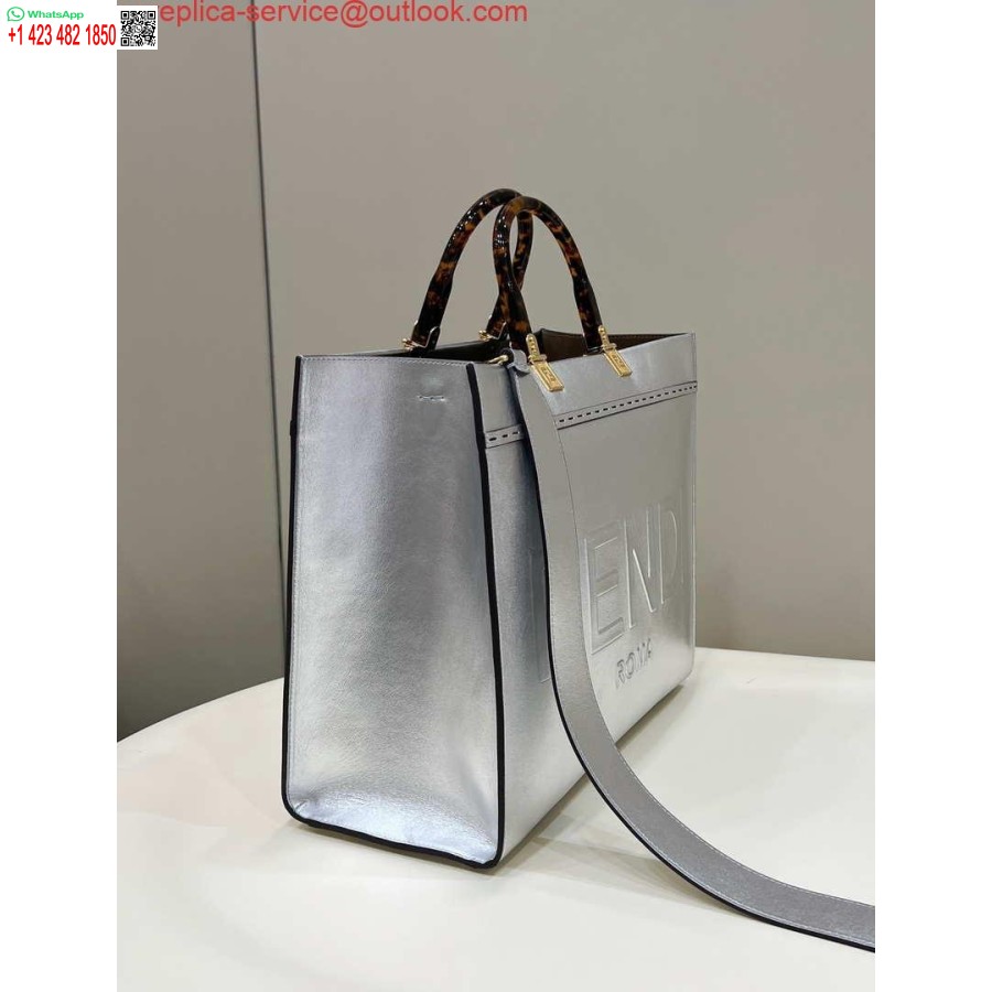 Réplica Fendi 8553 Bolso Mediano Sunshine 8bh386 Comprador De Cuero Laminado Plateado