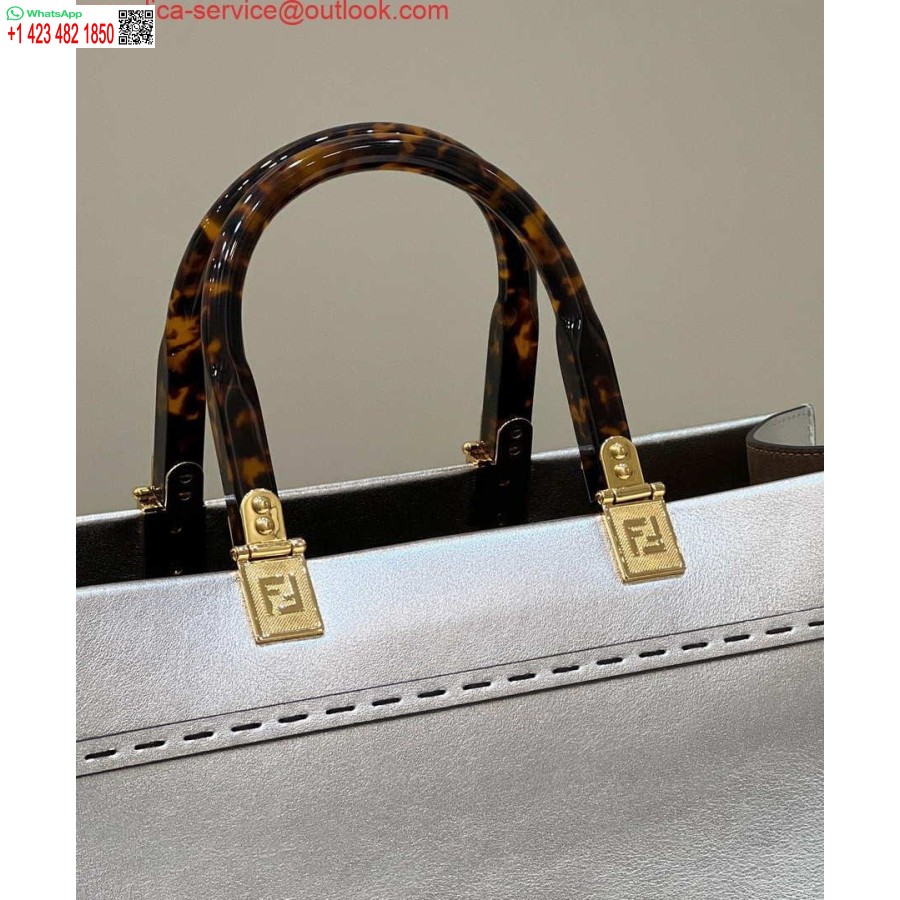 Réplica Fendi 8553 Bolso Mediano Sunshine 8bh386 Comprador De Cuero Laminado Plateado