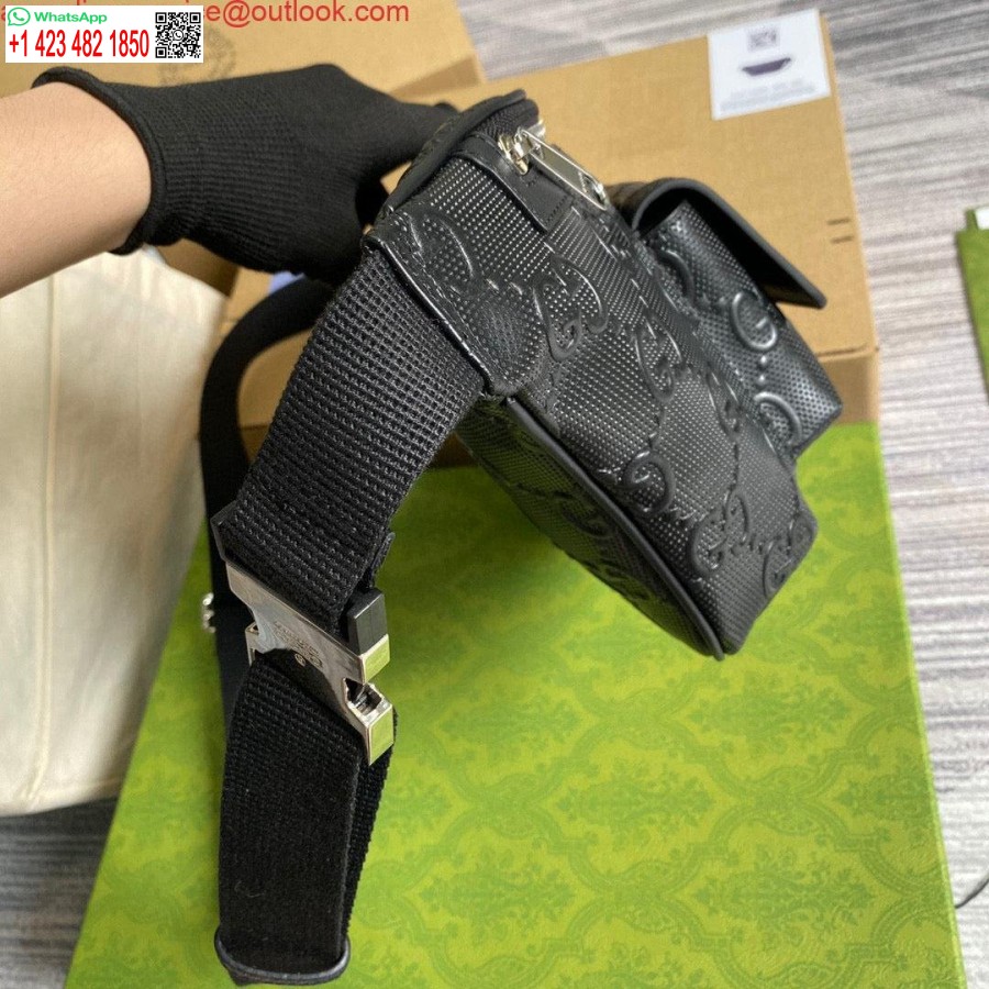 Replika Gucci 645093 Gg Tłoczona Torba Na Pasek Czarna Gg Tłoczona Skóra