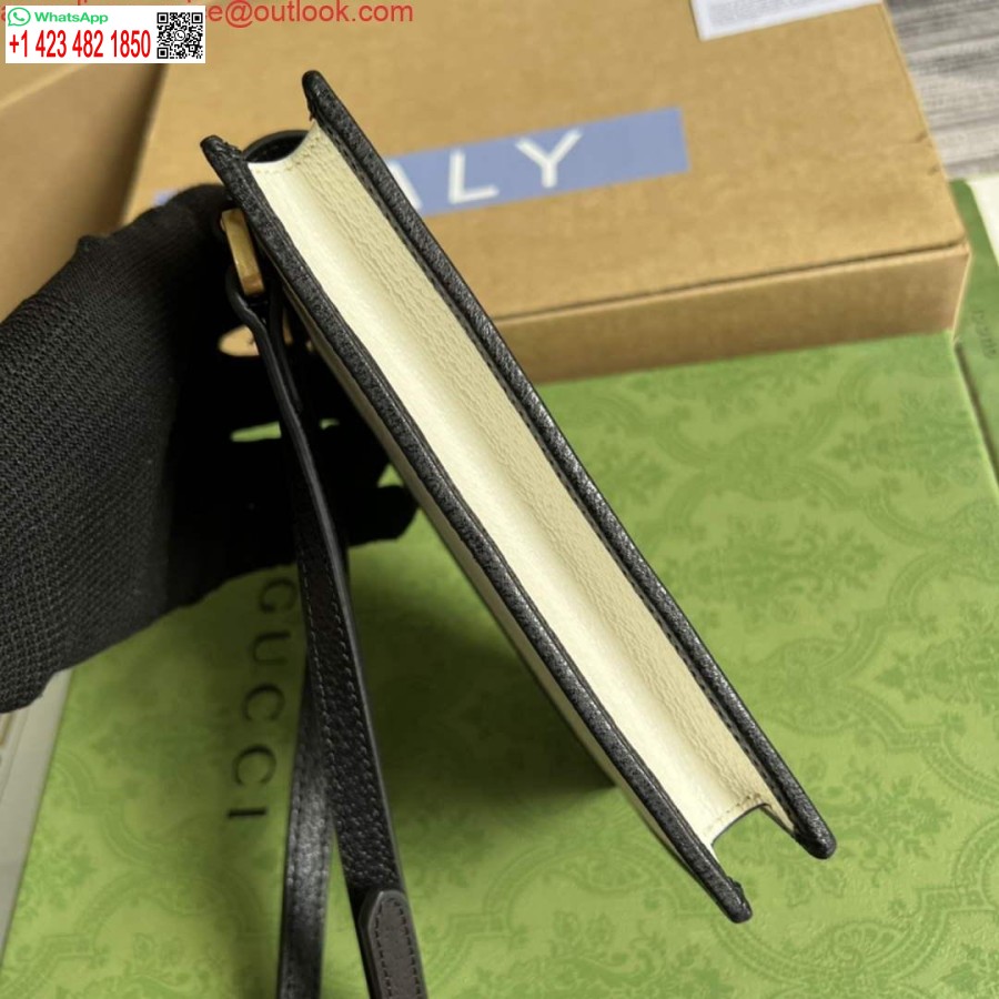 ρεπλίκα θήκη τηλεφώνου Adidas X Gucci 702203 εκρού και μαύρο δέρμα