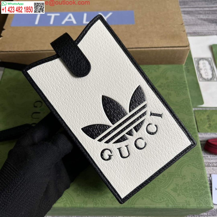 ρεπλίκα θήκη τηλεφώνου Adidas X Gucci 702203 εκρού και μαύρο δέρμα