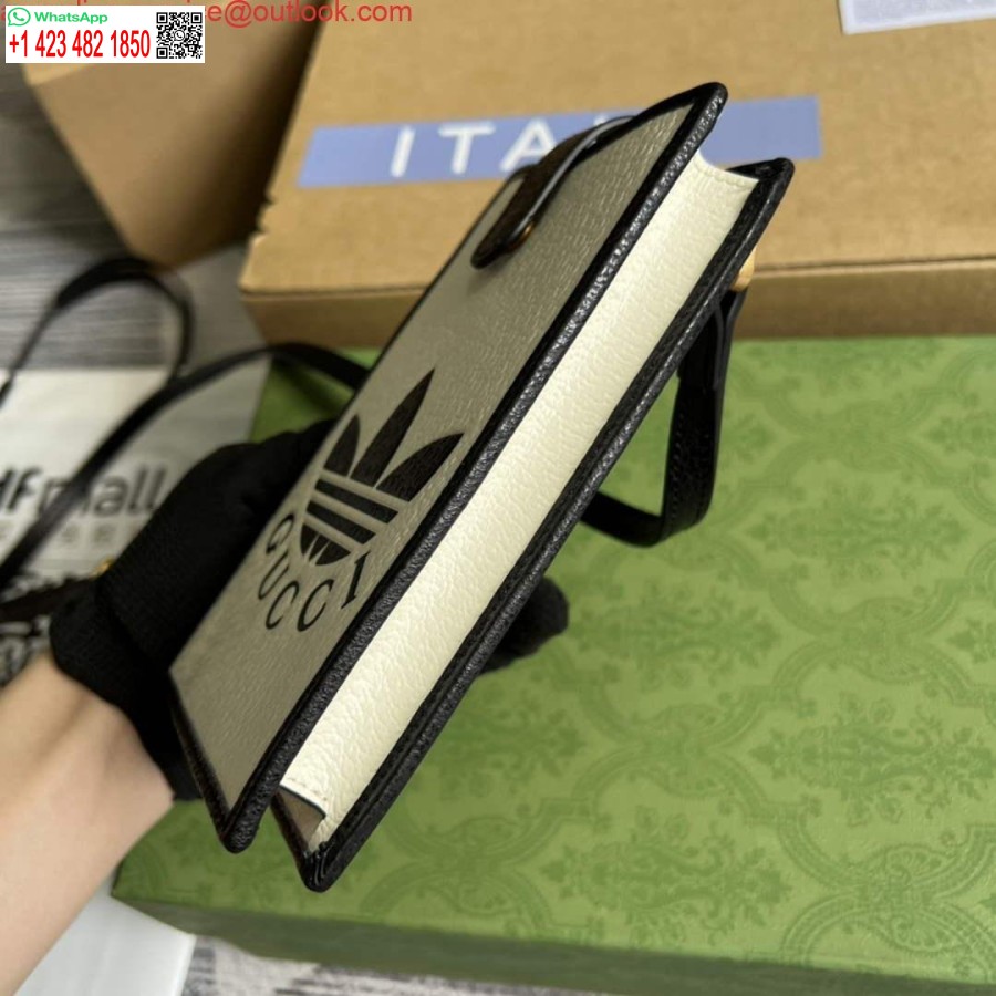 ρεπλίκα θήκη τηλεφώνου Adidas X Gucci 702203 εκρού και μαύρο δέρμα