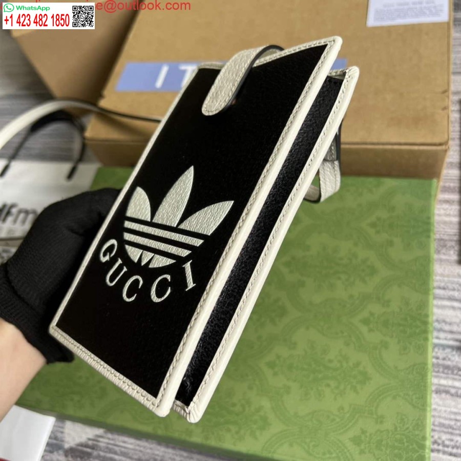 Replika Adidas X Gucci Torbica Za Telefon 702203 črno-belo Usnjena