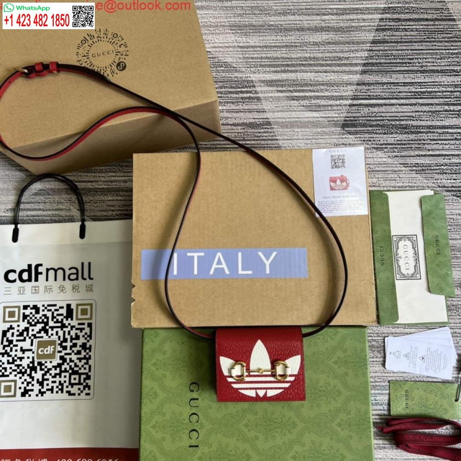 Porta Carte Replica Adidas X Gucci Con Morsetto 702248 In Pelle Bianco Sporco E Rosso