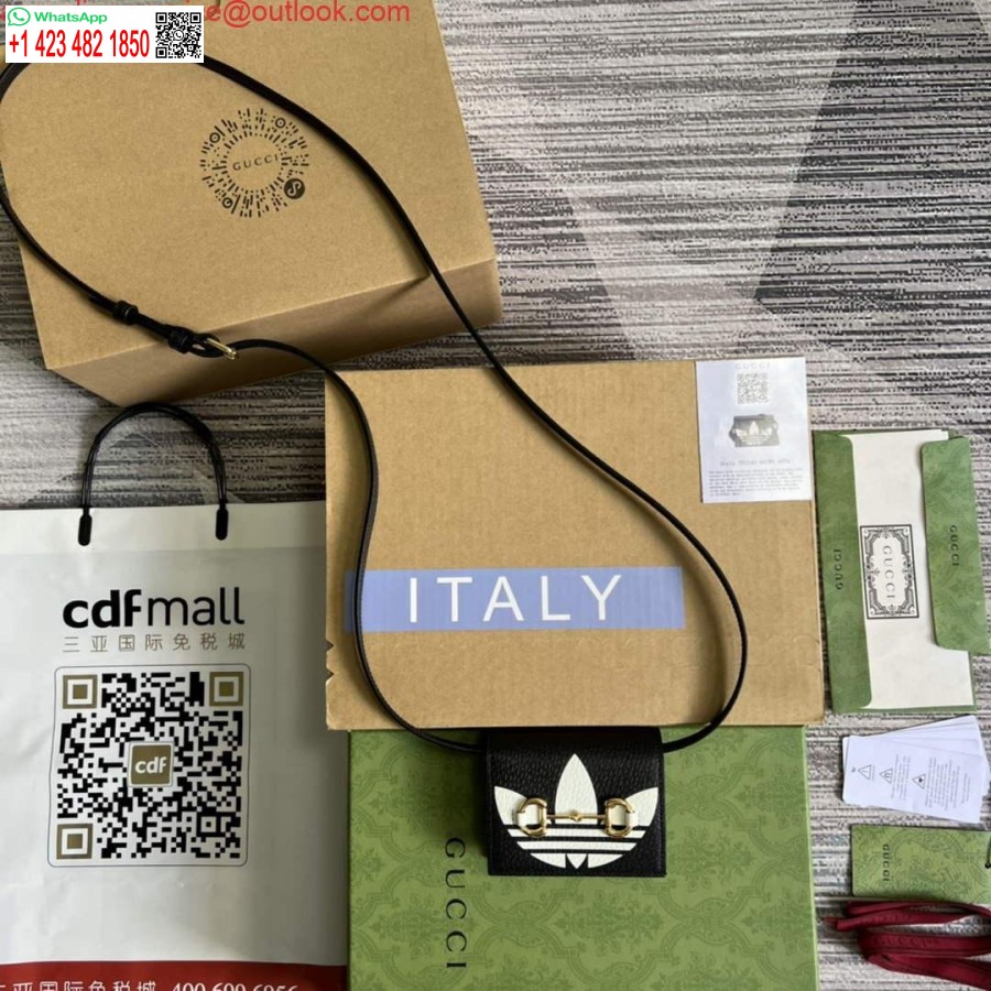 Porta Carte Replica Adidas X Gucci Con Morsetto 702248 In Pelle Nera E Bianco Sporco