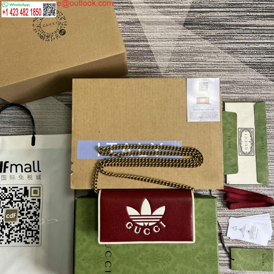 Replika Denarnice Adidas X Gucci 621892 Z Verižico Iz Umazano Belega In Rdečega Usnja