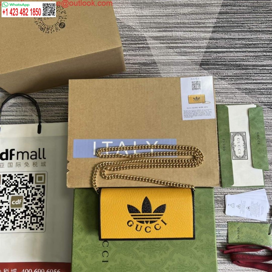 Réplica Carteira Adidas X Gucci 621892 Com Corrente Em Couro Preto E Amarelo