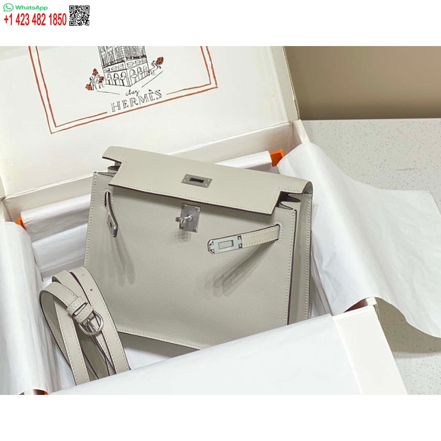Réplique Hermes Evercolor Kelly Danse II 22cm Sac à Bandoulière En Cuir H20373 Argent Gris Clair