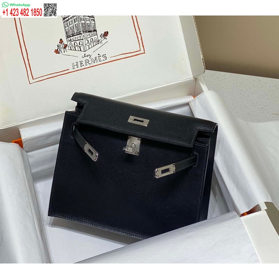 Replika Hermes Evercolor Kelly Danse Ii 22 Cm Kožená Crossbody Kabelka H20371 čierna Strieborná