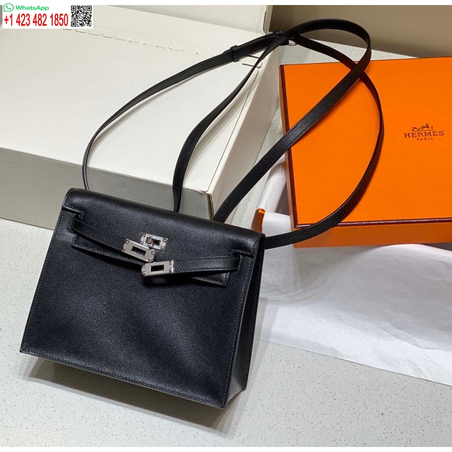 Replika Hermes Evercolor Kelly Danse Ii 22 Cm Kožená Crossbody Kabelka H20371 čierna Strieborná