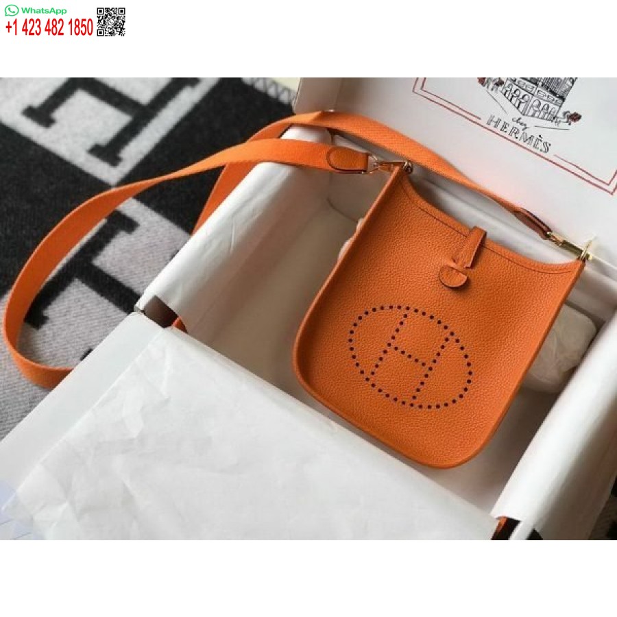 Replika Hermes Evelyne Dizajnerske Torbe Hermes Mini Torba Preko Ramena 20390 Zlatna Kopča Narančasta