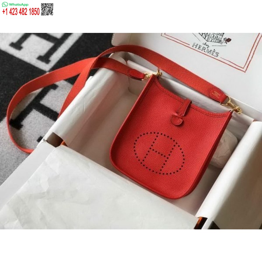Replika Hermes Evelyne Dizajnerske Torbe Hermes Mini Torba Preko Ramena 20385 Zlatna Kopča Tamno Crvena