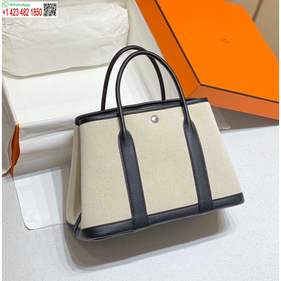 Replica Hermes Beige Canvas and Black leather Garden Party 30cm Bag H239051