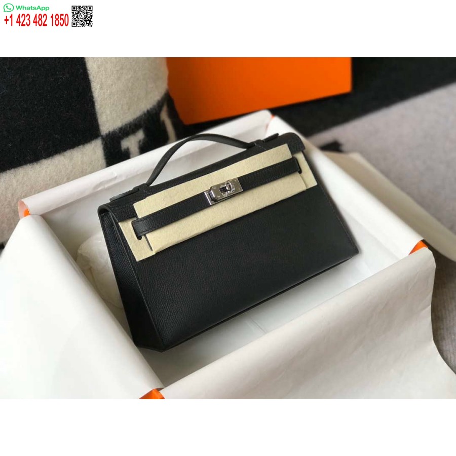 Replica Hermes Mini Pochette Kelly In Pelle Epsom H230240 Nero Argento