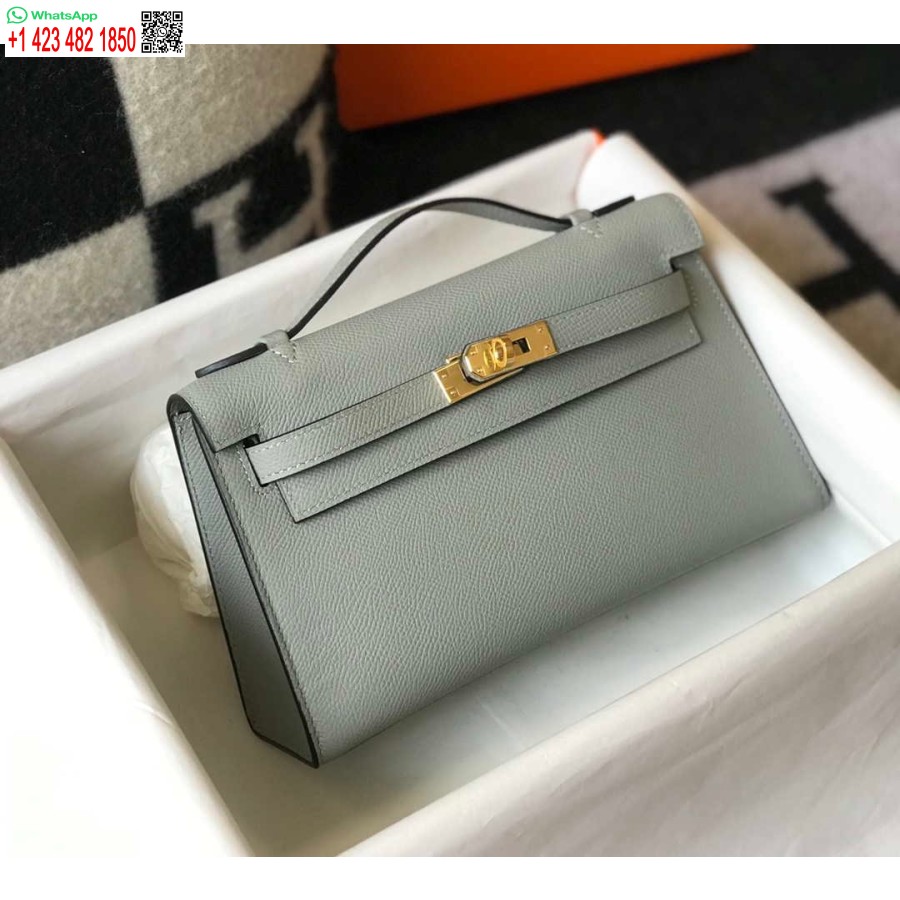 Replica Hermes Mini Pochette Kelly In Pelle Epsom H230232 Blu Ghiacciaio