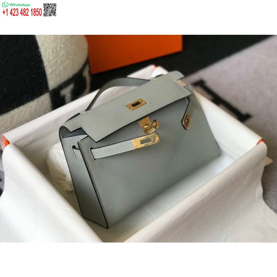 Replica Hermes Mini Pochette Kelly In Pelle Epsom H230232 Blu Ghiacciaio