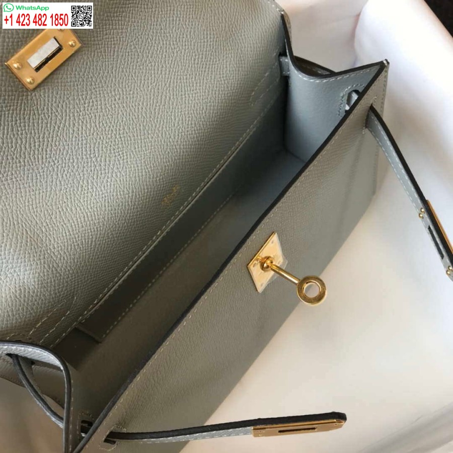 Replica Hermes Mini Pochette Kelly In Pelle Epsom H230232 Blu Ghiacciaio