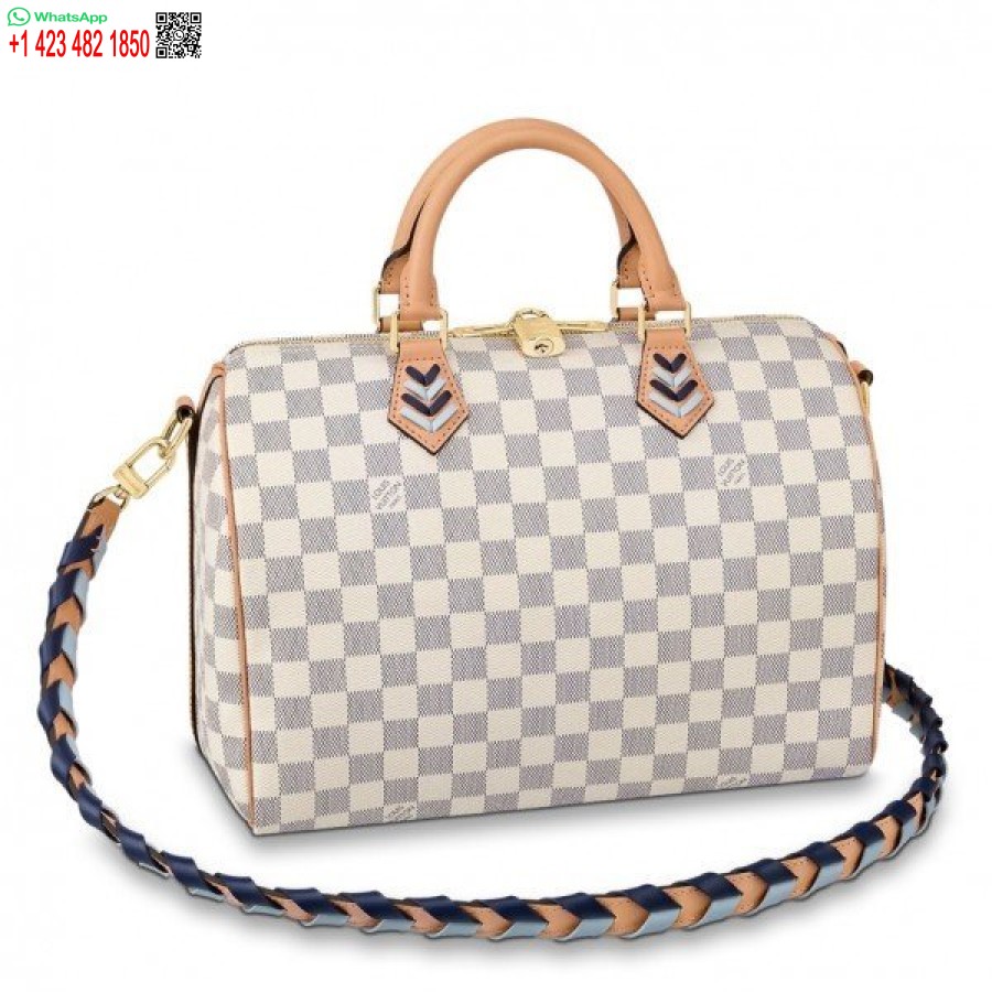 Replika Louis Vuitton Damier Azur Speedy Bandouliere 30 Med Flätad Rem N50054 Blv041