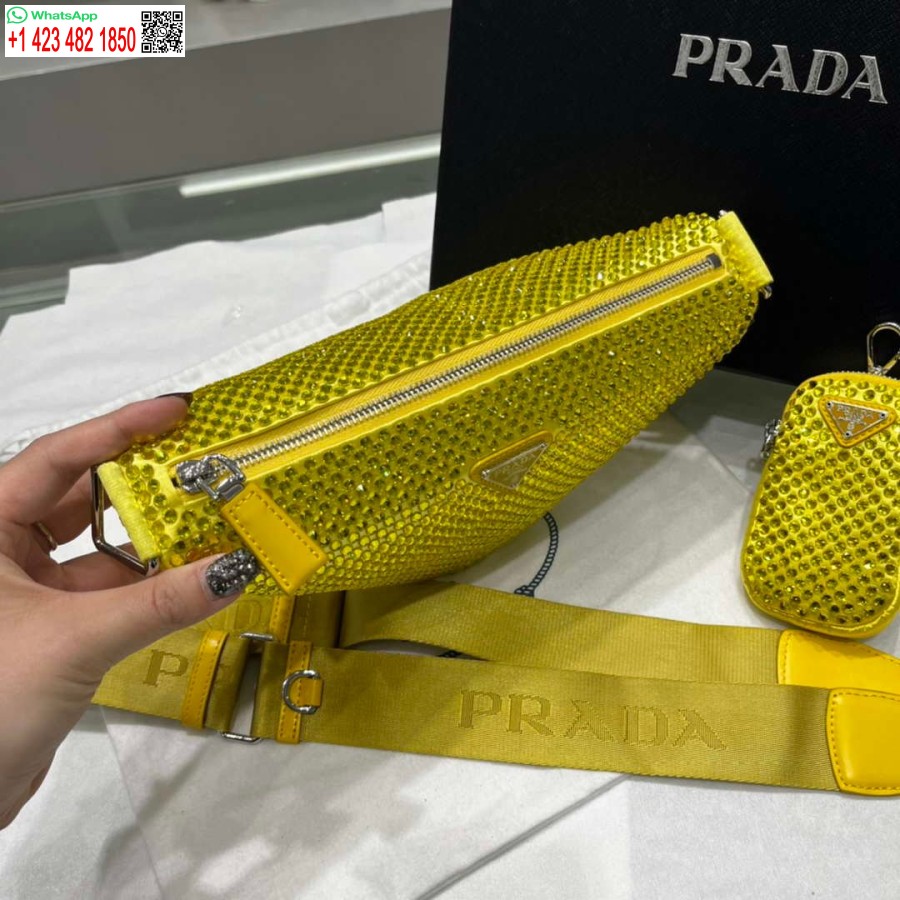 точная копия Prada 1ne190, атласная сумка желтого цвета с кристаллами