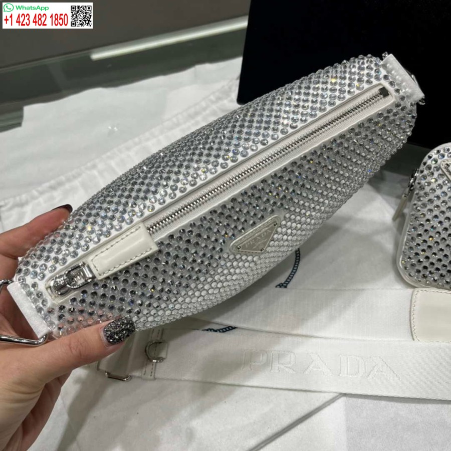 Replica Prada 1NE190 Crystal-studded satin pouch White