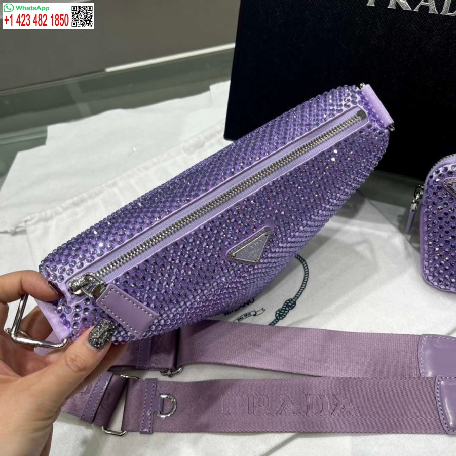 Replica Prada 1NE190 Crystal-studded satin pouch Purple
