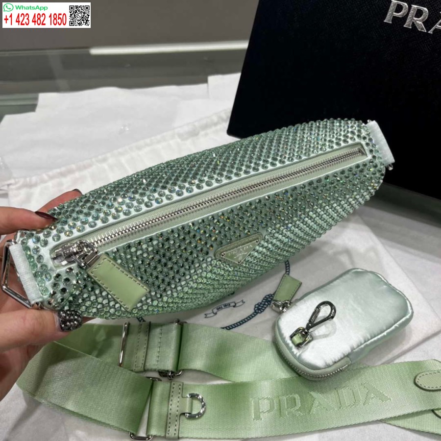 Replica Prada 1NE190 Crystal-studded satin pouch Green