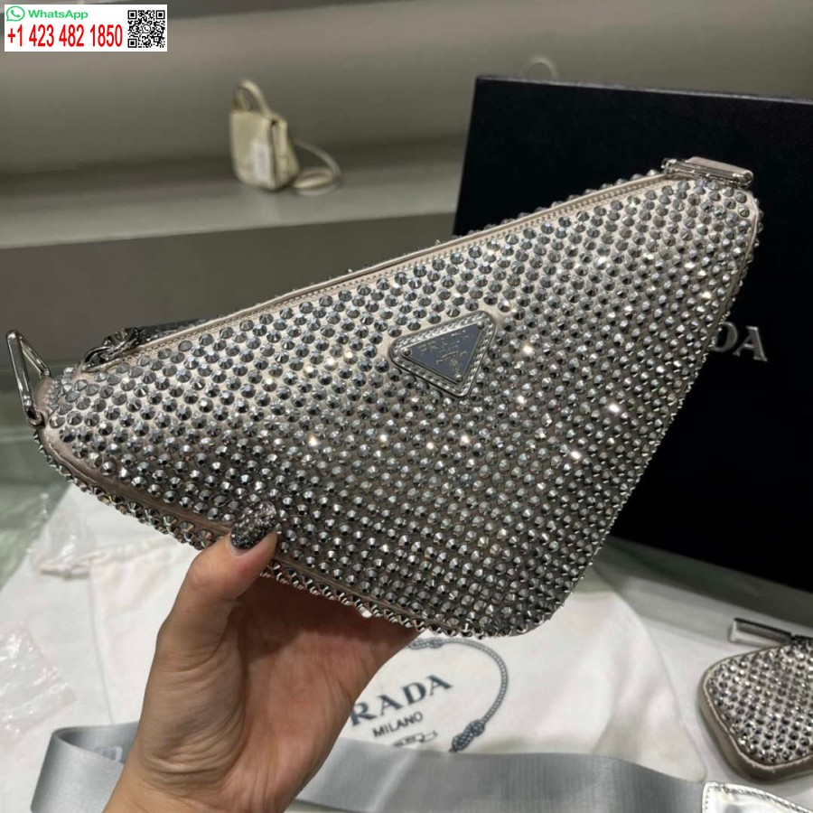 Replica Prada 1NE190 Crystal-studded satin pouch Gray