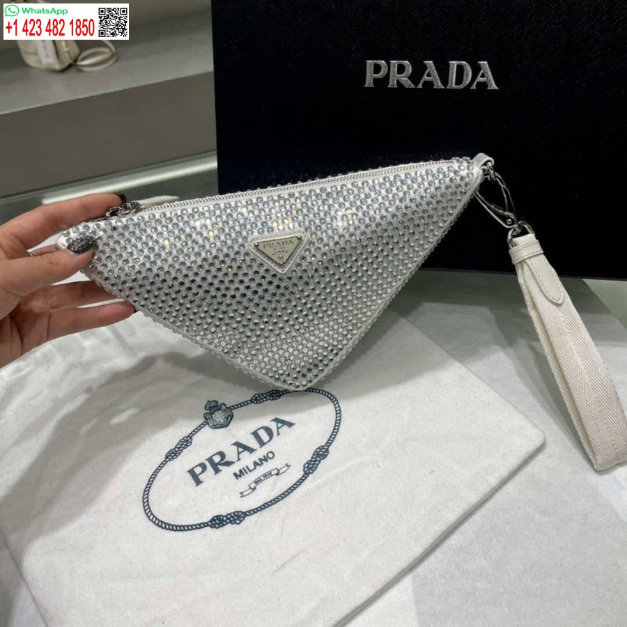 Replica Prada 1ne039 Satijnen Zakje Met Kristallen Bezaaid Wit