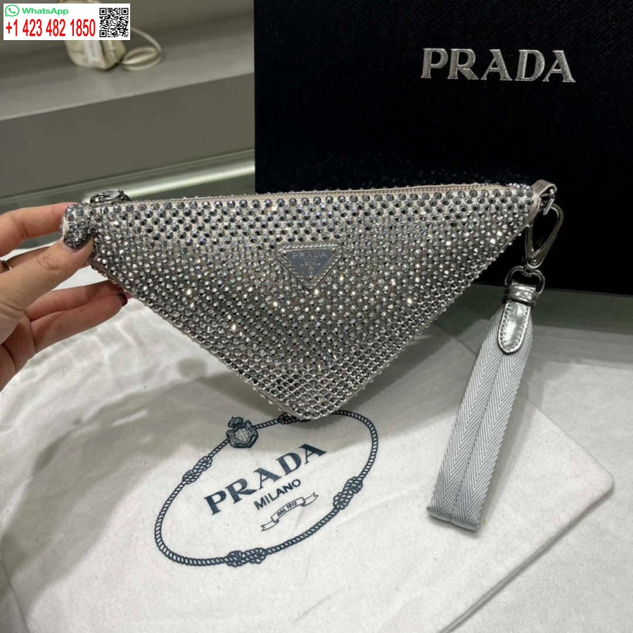 Replica Prada 1ne039 Satijnen Zakje Met Kristallen Bezaaid Grijs