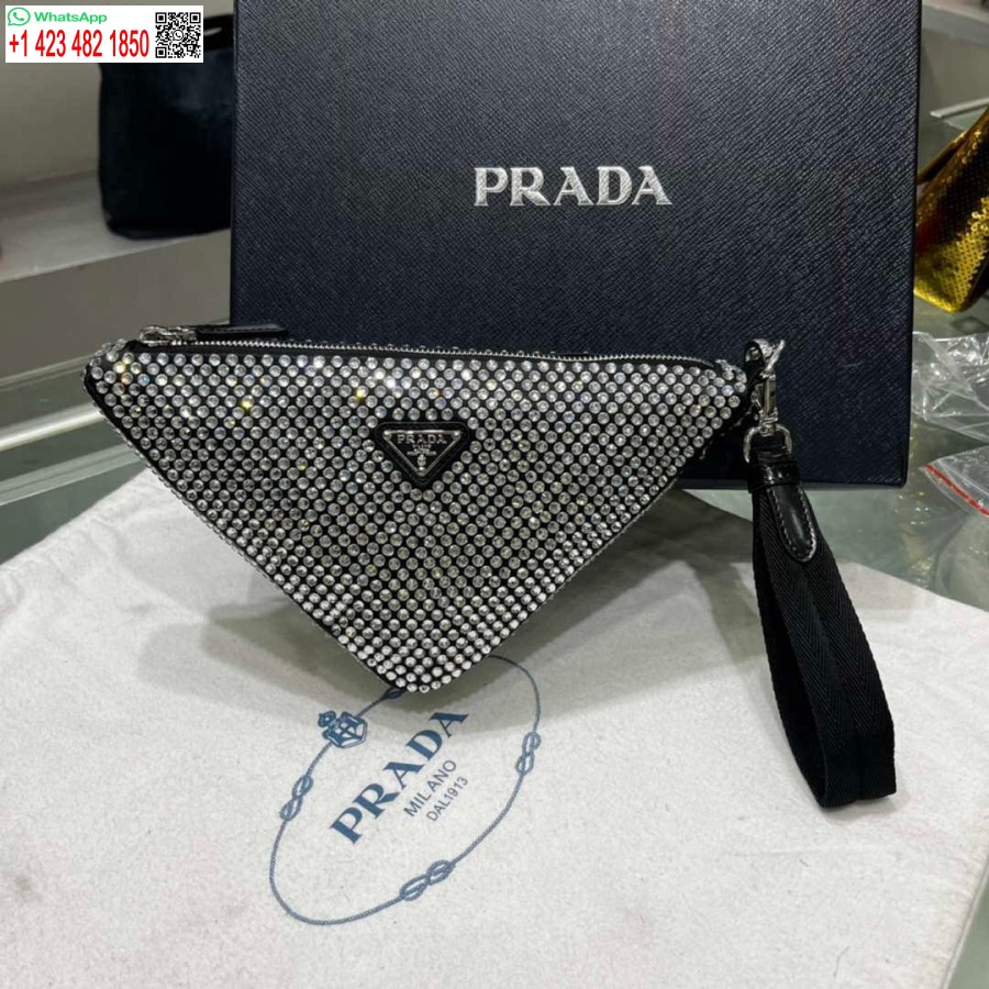 Replica Prada 1ne039 Satijnen Zakje Met Kristallen Bezaaid Zwart
