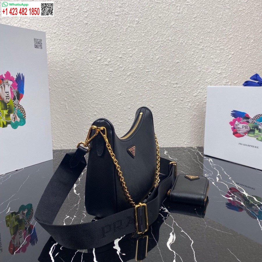 Replika Prada 1bh204 Prada Re-edition 2005 Saffiano Usnjena Torba V črni Barvi
