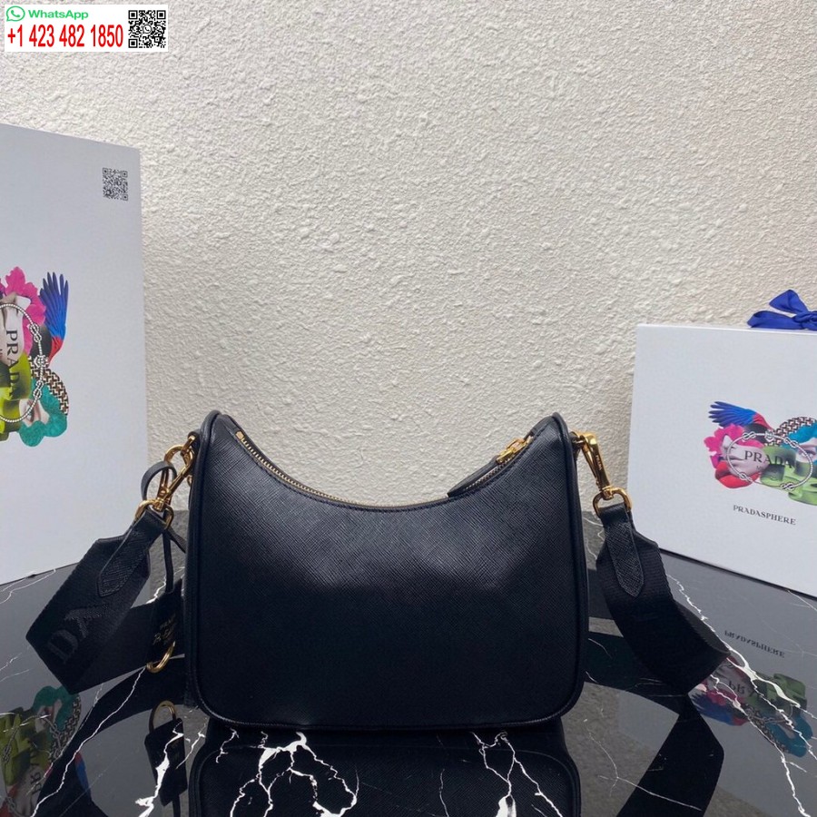 Replika Prada 1bh204 Prada Re-edition 2005 Saffiano Usnjena Torba V črni Barvi