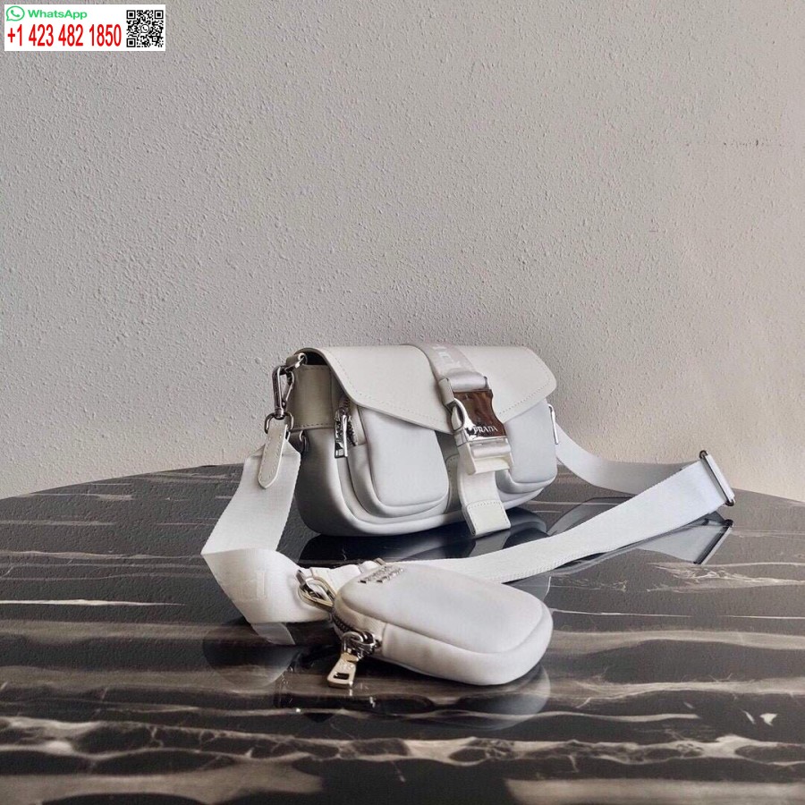 Replica Prada Pocket Nylon and Brushed Leather Bag 1BD295 White