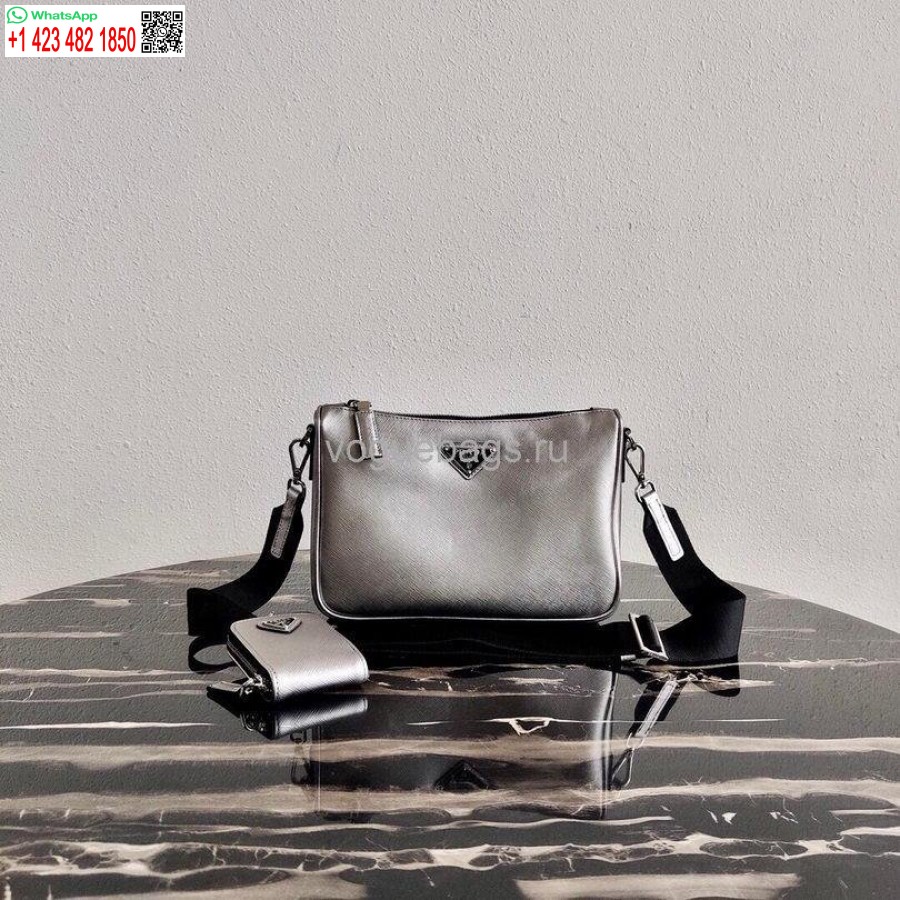 Replica Borsa A Tracolla In Pelle Saffiano Prada 2vh113 In Grigio Argento