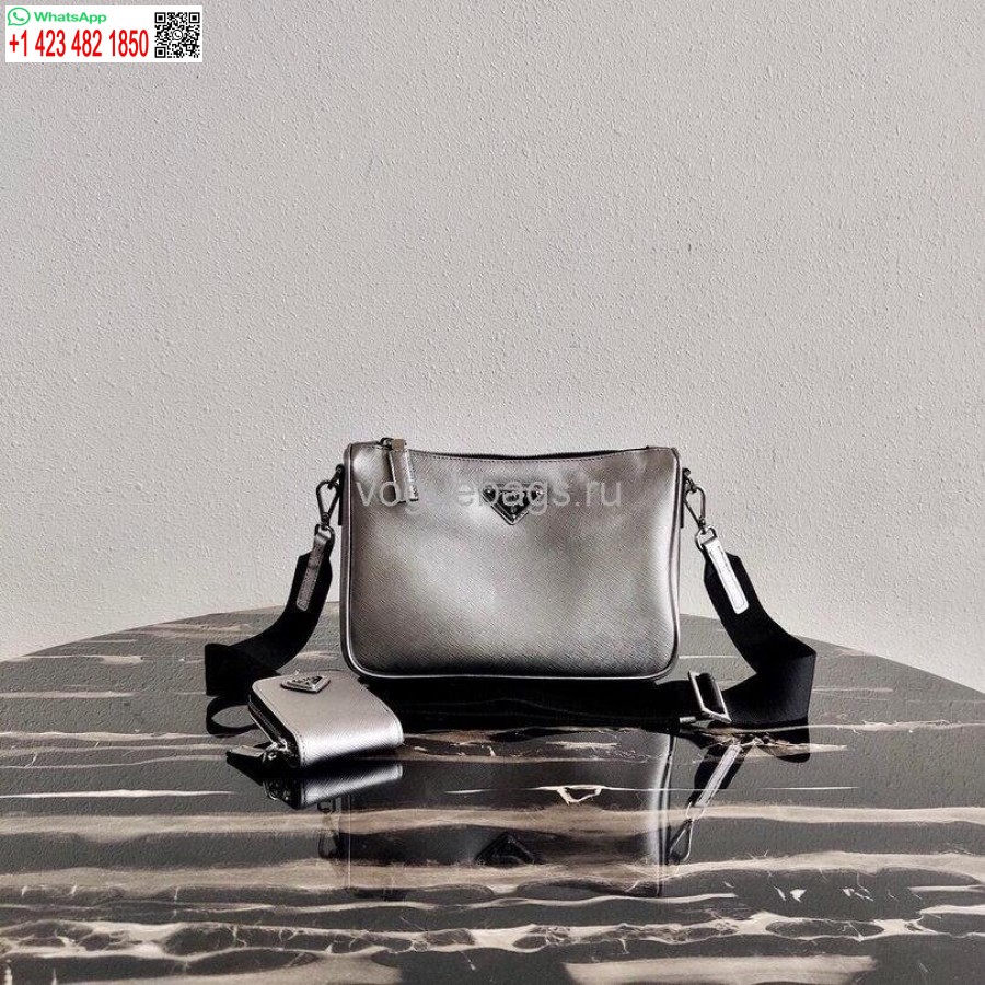 Replica Prada 2VH113 Saffiano Leather Shoulder Bag in Sliver Grey
