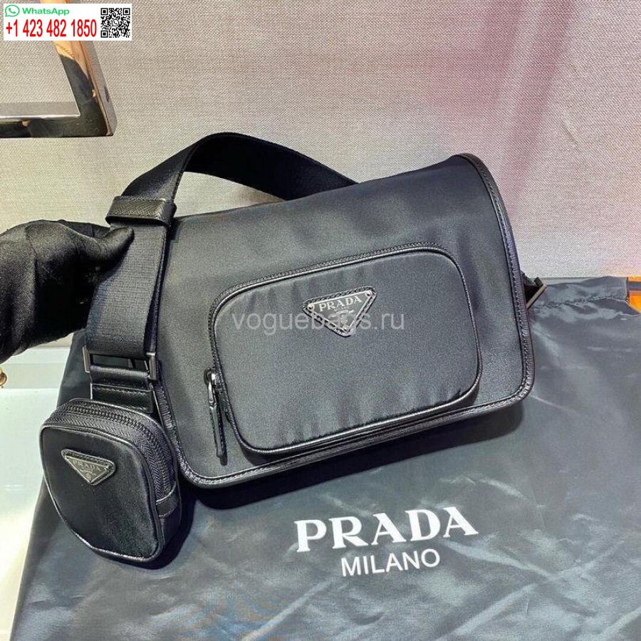 Réplica Prada 2vd041 Re Bolsa De Ombro Em Nylon E Couro Saffiano Em Preto