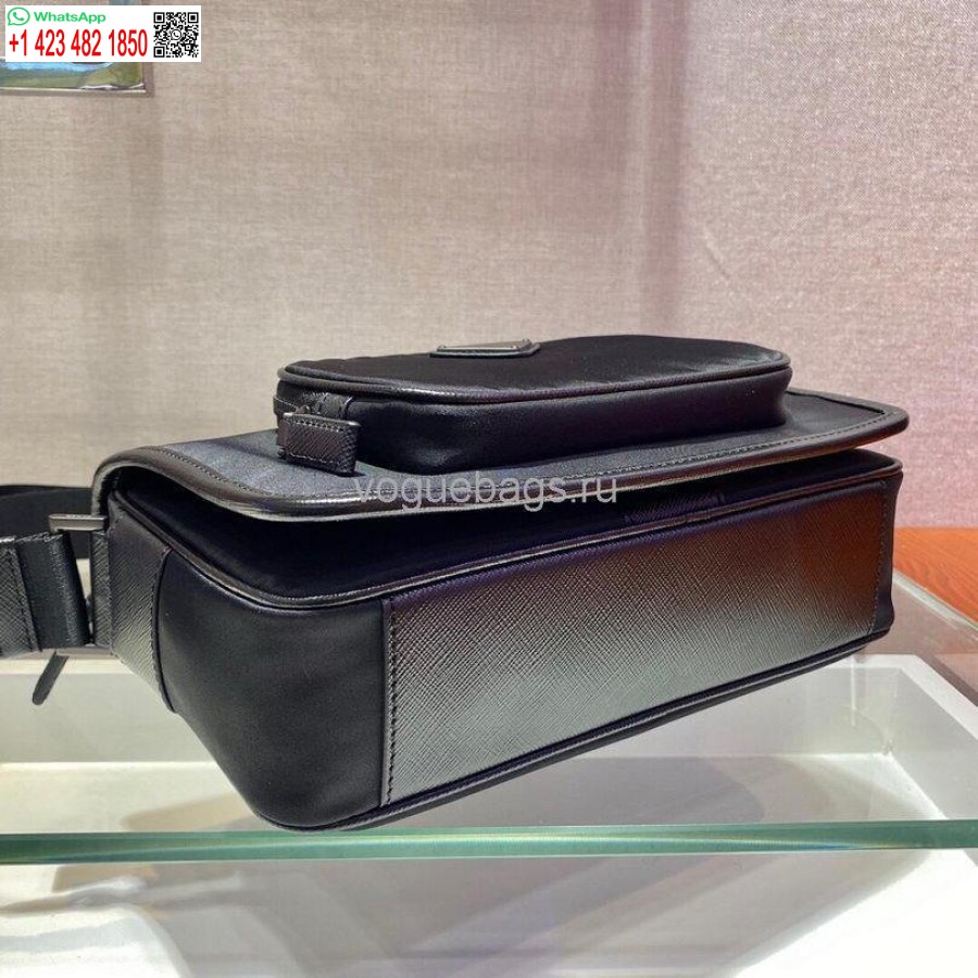 Réplica Prada 2vd041 Re Bolsa De Ombro Em Nylon E Couro Saffiano Em Preto