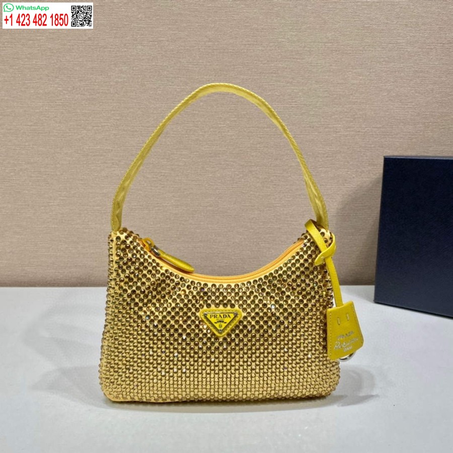 רפליקה פראדה 1ne515 מיני תיק סאטן עם גבישים מלאכותיים צהובים