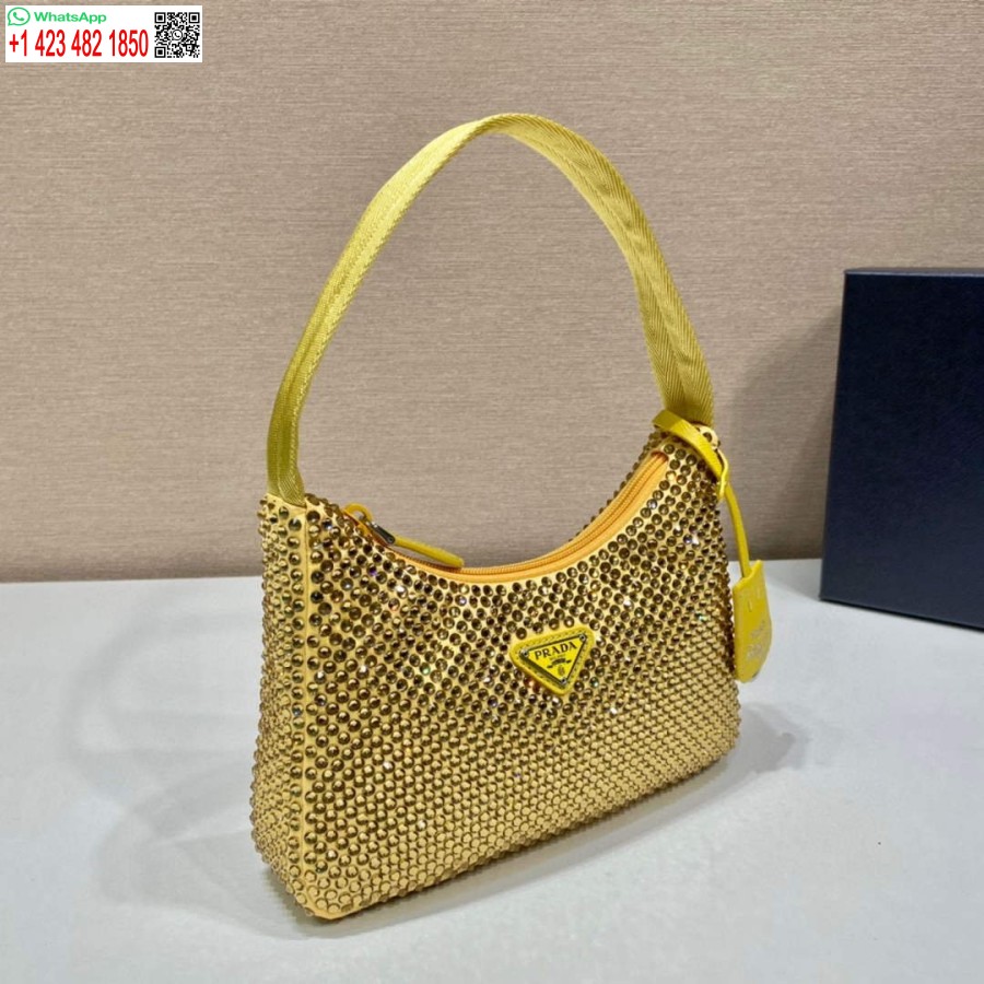 רפליקה פראדה 1ne515 מיני תיק סאטן עם גבישים מלאכותיים צהובים