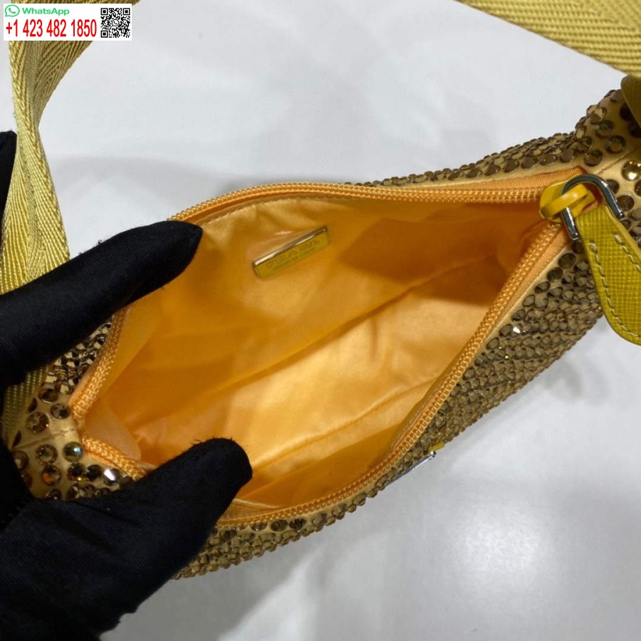 רפליקה פראדה 1ne515 מיני תיק סאטן עם גבישים מלאכותיים צהובים
