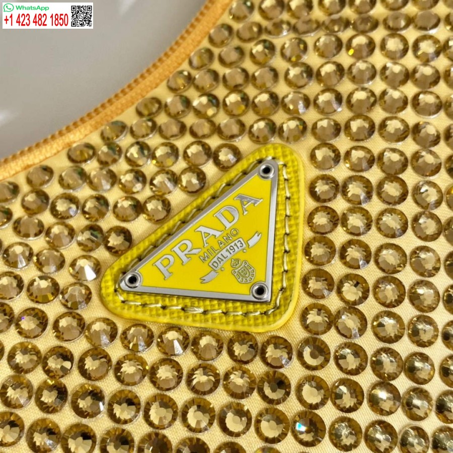 רפליקה פראדה 1ne515 מיני תיק סאטן עם גבישים מלאכותיים צהובים