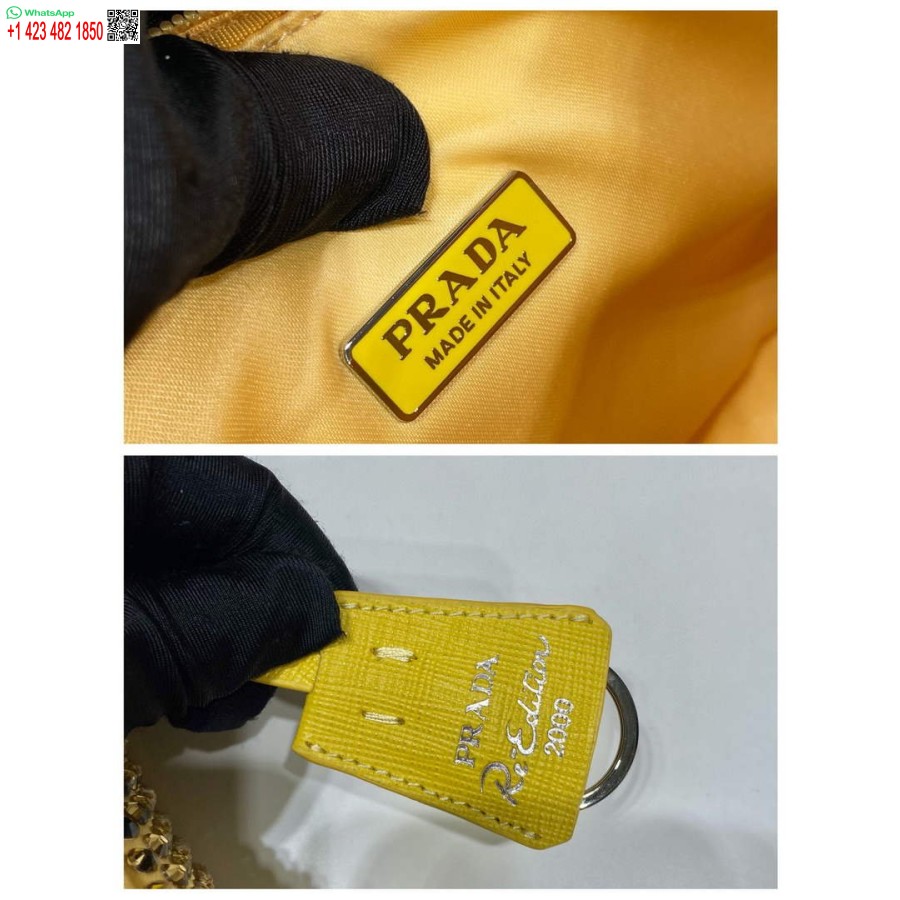 רפליקה פראדה 1ne515 מיני תיק סאטן עם גבישים מלאכותיים צהובים