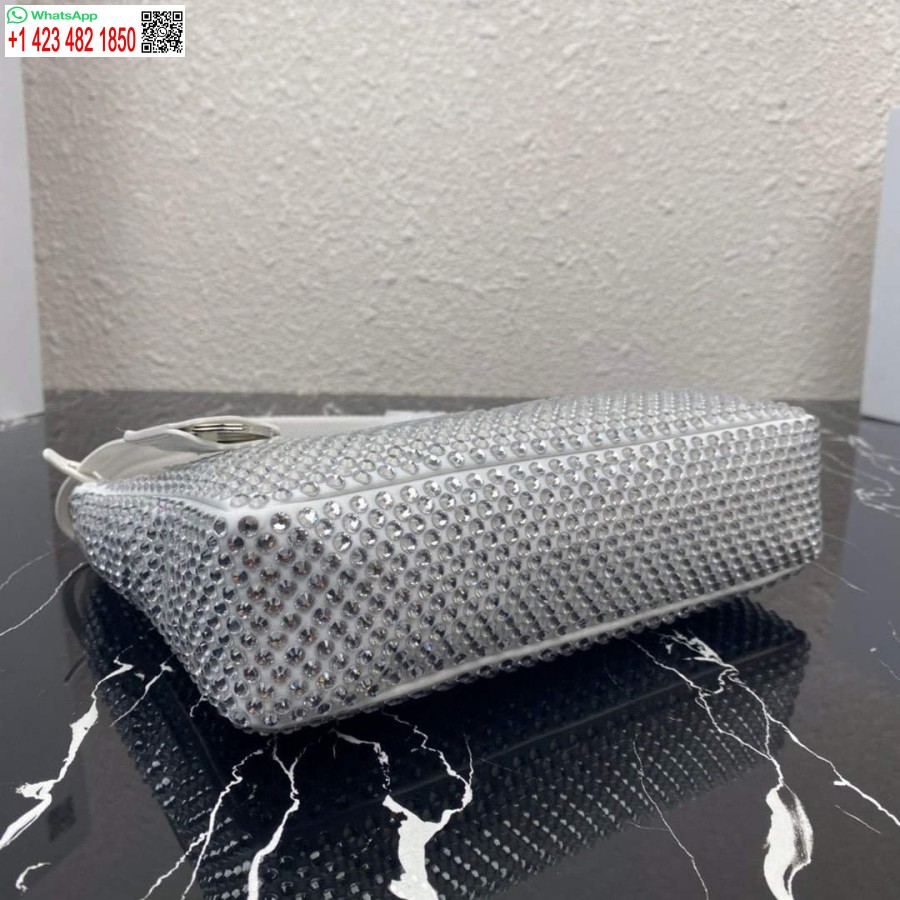 Replika Satynowej Mini-torby Prada 1ne515 Ze Sztucznymi Kryształkami W Kolorze Białym