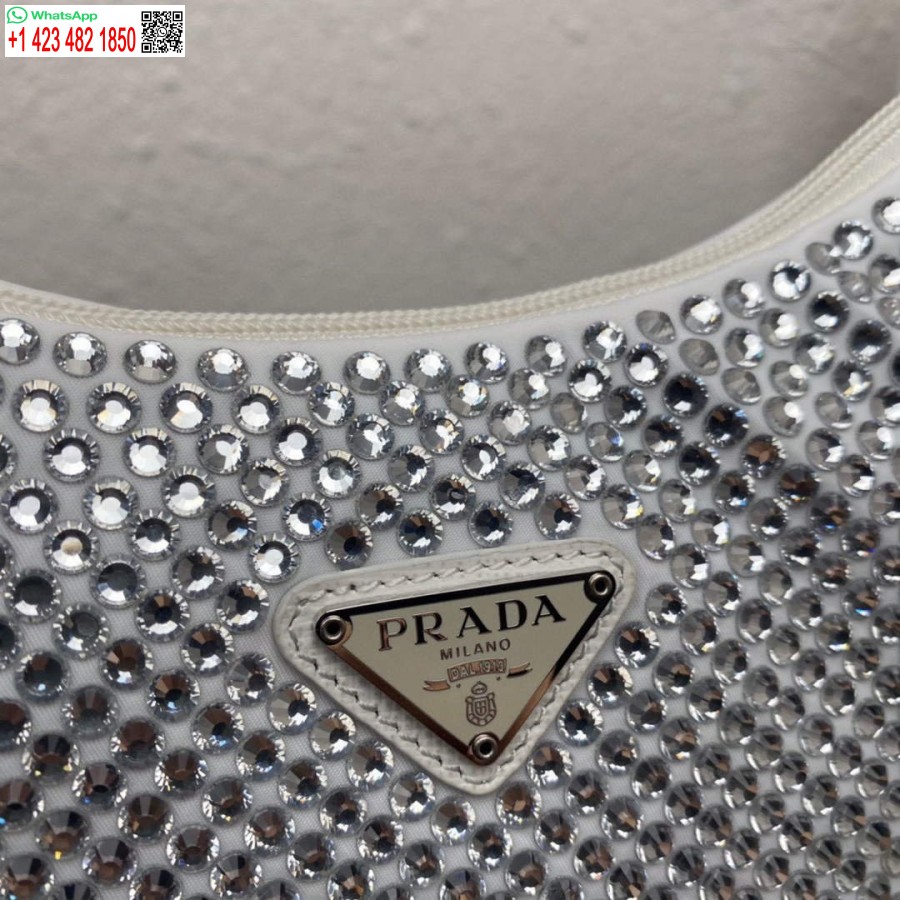 Replika Satynowej Mini-torby Prada 1ne515 Ze Sztucznymi Kryształkami W Kolorze Białym